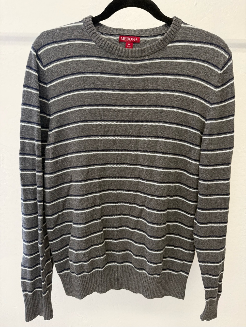 100% Cotton Merona Gray Crewneck Sweater with White and Navy Stripes